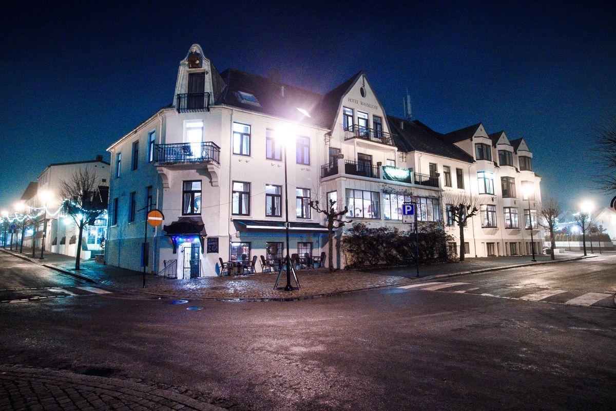 The facade of the hotel in the evening