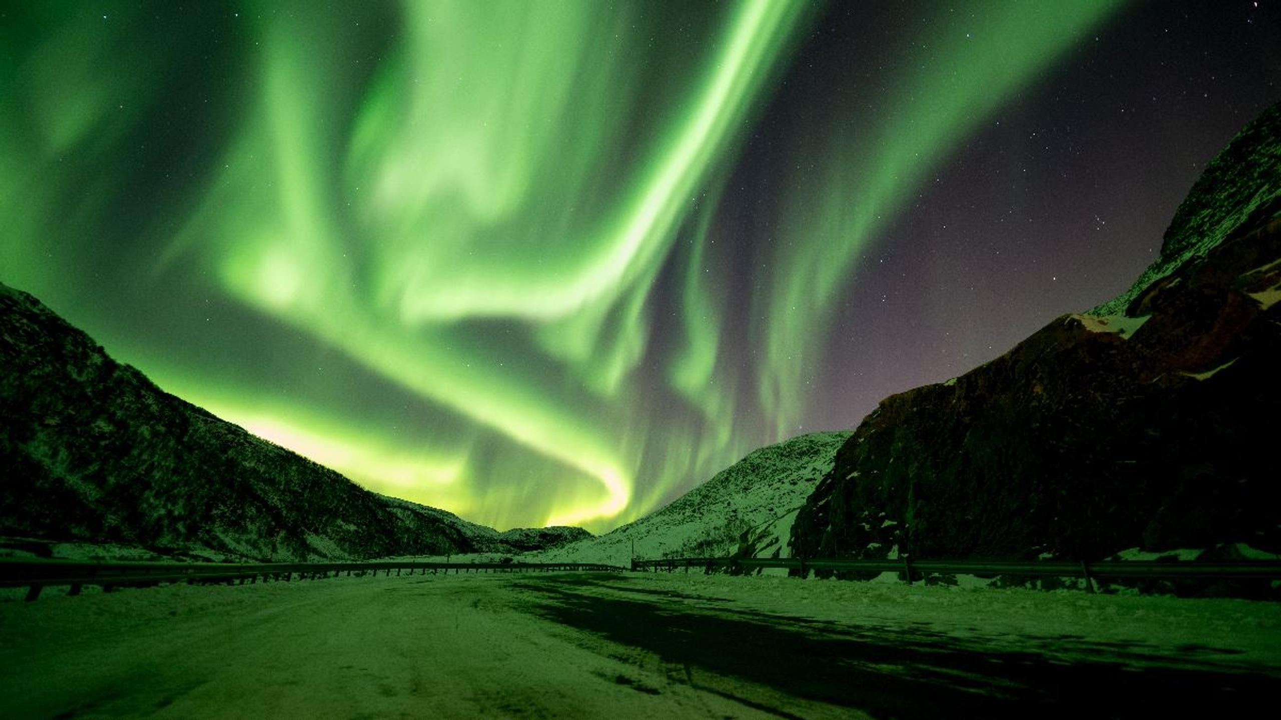 Green Northern Lights illuminate the mountains and winter landscape outside Tromsø in Northern Norway.