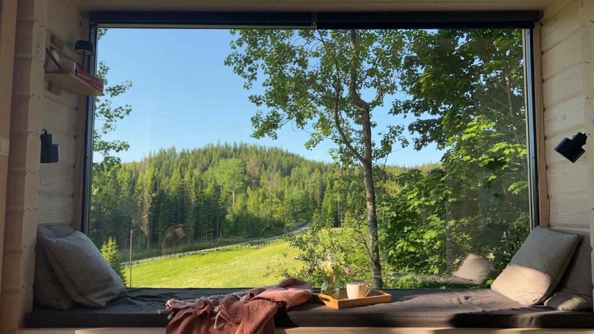 Interior seating area in front of a large window with a view of green hills and forest.