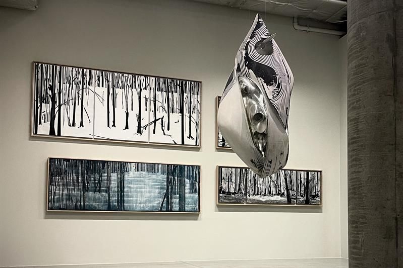 art on the walls and a sculpture