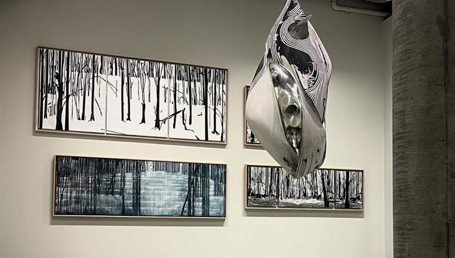 art on the walls and a sculpture