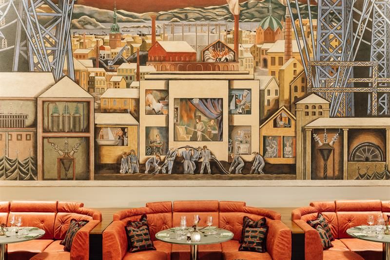 Orange seating sections towards the wall