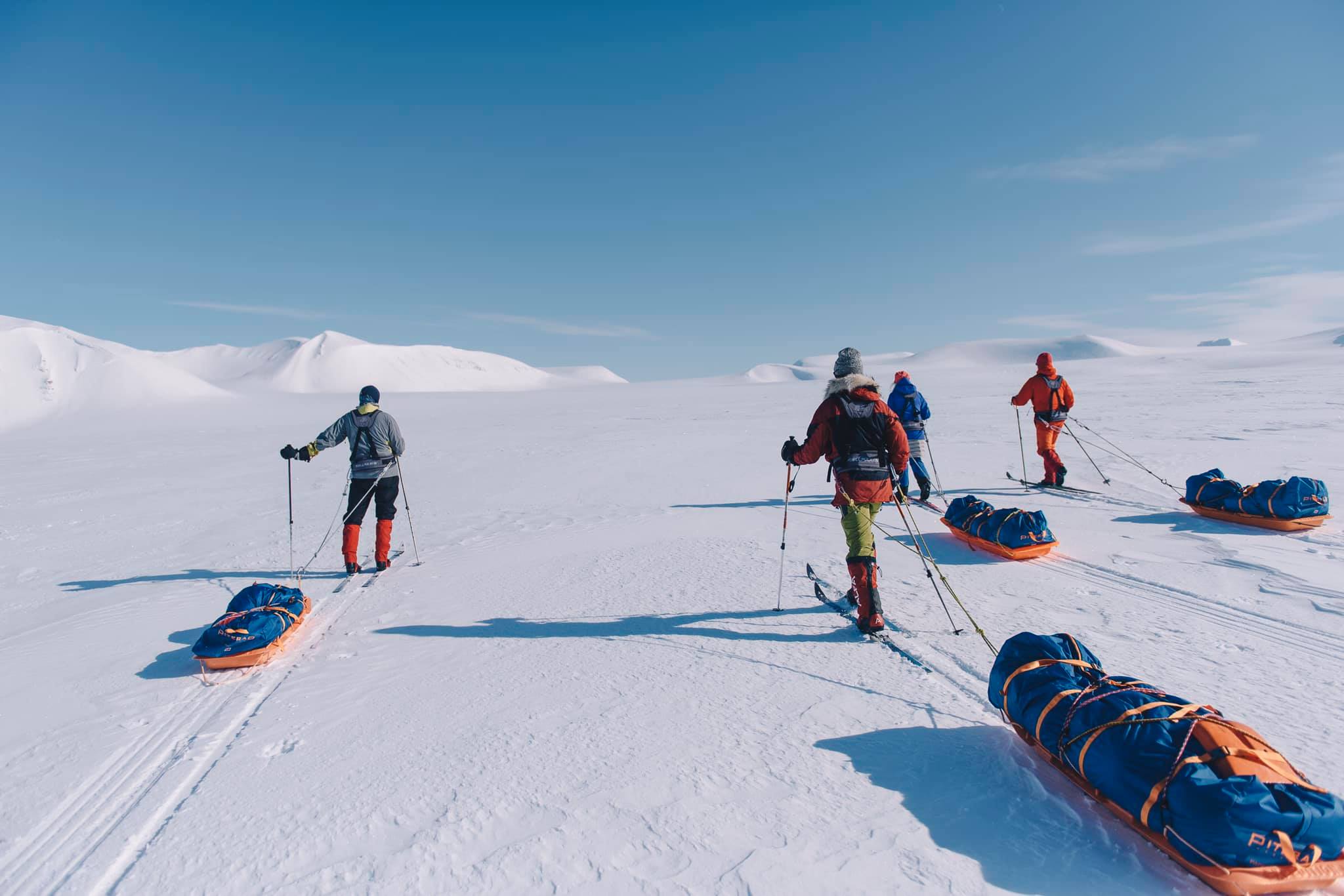 A group of skiers pulling sleds