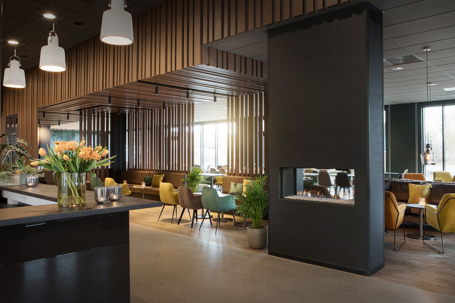 Cozy lobby with gas fireplace