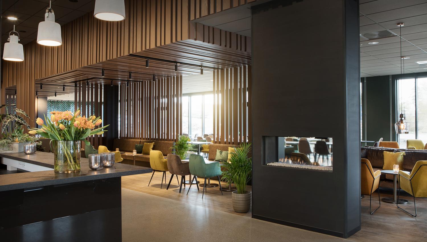 Cozy lobby with gas fireplace