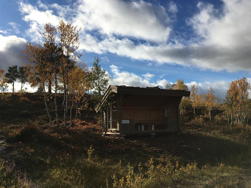 Gapahuk med overbygg som beskytter mot vestavinden