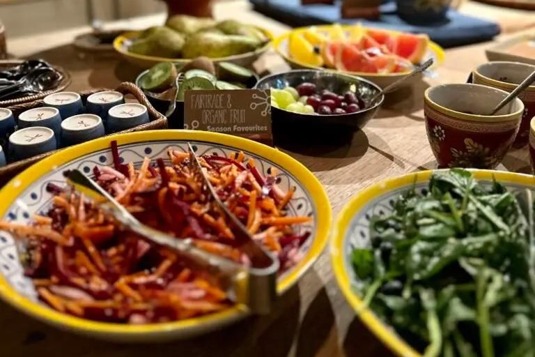 Organic breakfast featuring fresh, locally sourced ingredients. Enjoy a variety of hot and cold dishes, with vegan, vegetarian, and gluten