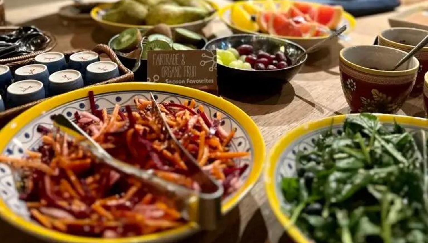 Organic breakfast featuring fresh, locally sourced ingredients. Enjoy a variety of hot and cold dishes, with vegan, vegetarian, and gluten