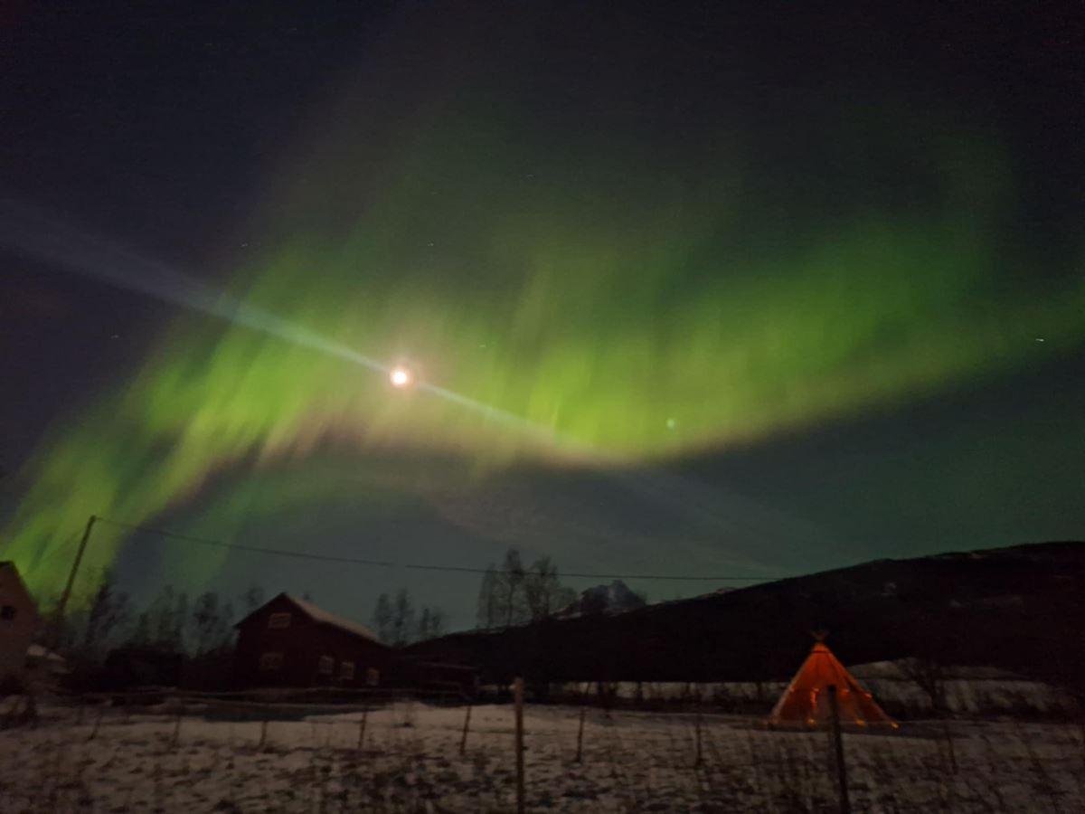 Green aurora borealis glows across a night sky above snowy fields, dark hills, a house, and a lit tent.