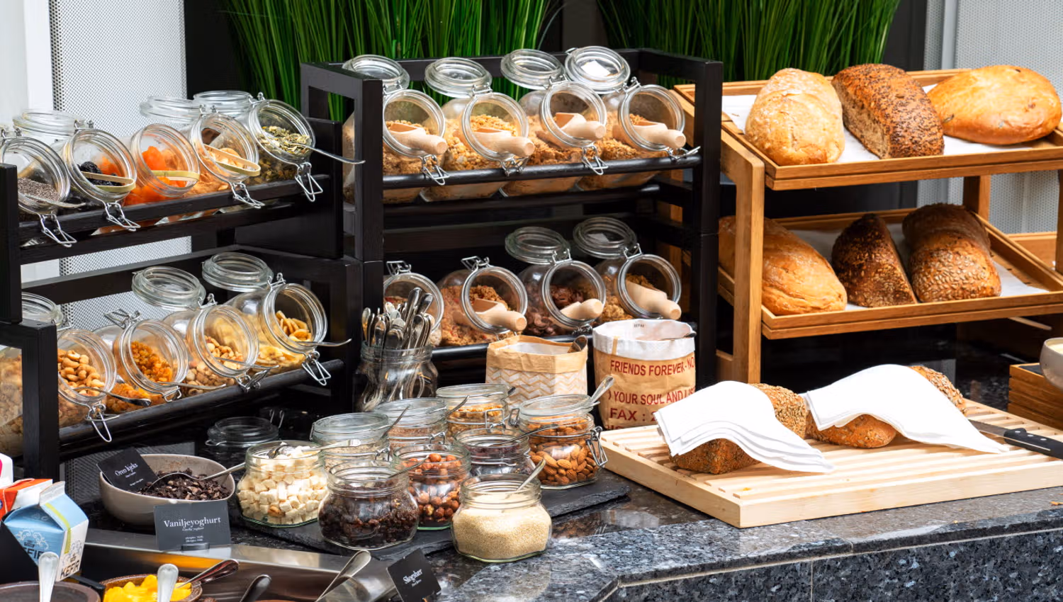 Cereal and bread at the breakfast buffet.