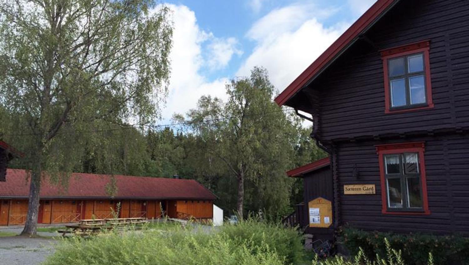 Gammelt trehus og trær.