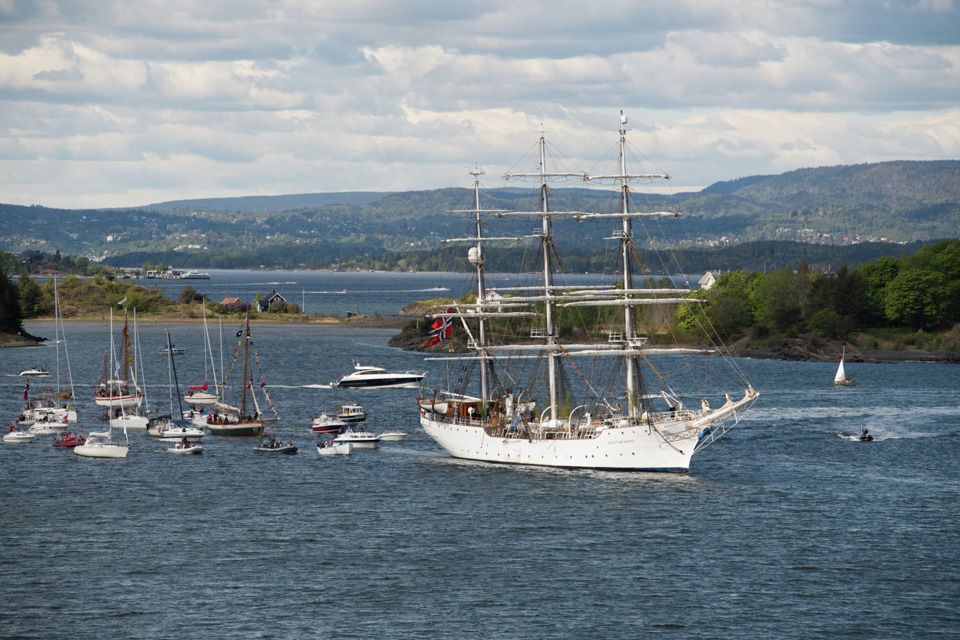 The ship sailing in the Oslo Fjord.