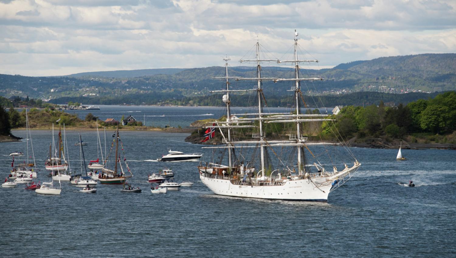 The ship sailing in the Oslo Fjord.