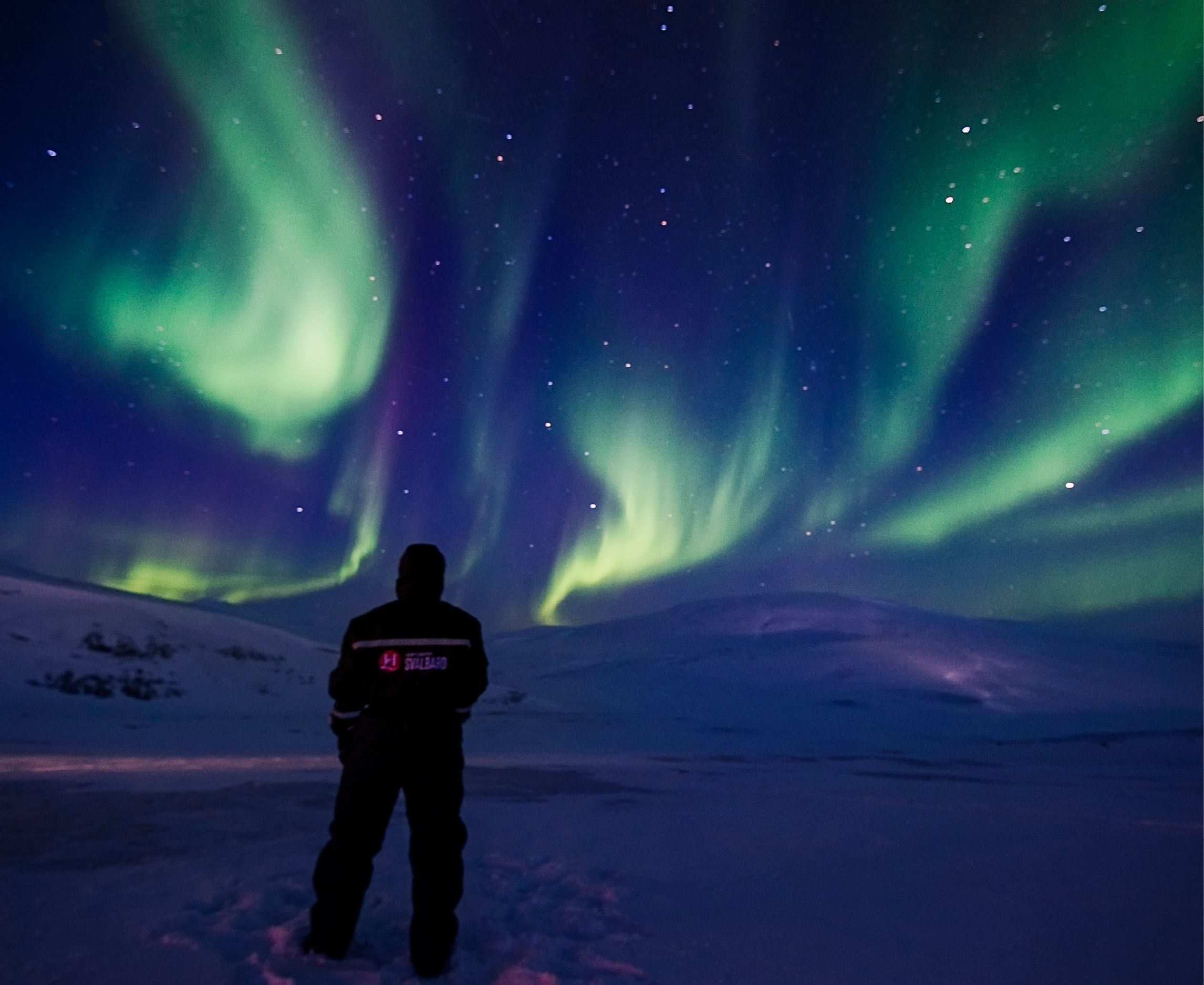 Person looking up at the green norhern lights 