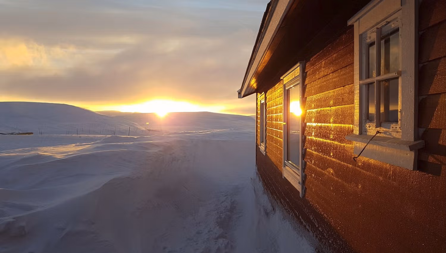 Dyranut Fjellstova during a snowy sunset.
