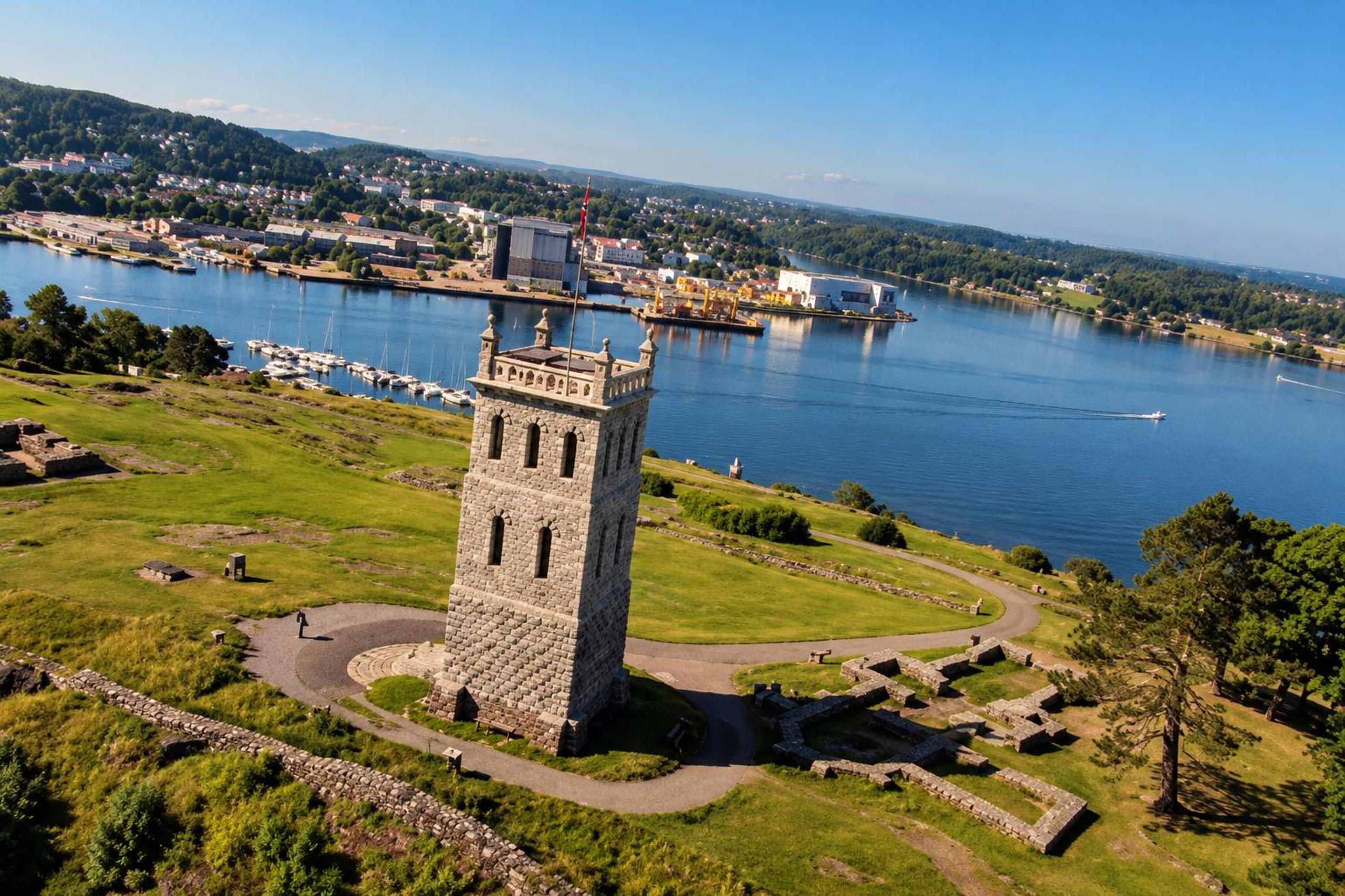 Aerial view of Castle Rock Tower and the medieval ruins on Slottsfjellet, overlooking Tønsberg and the fjord.