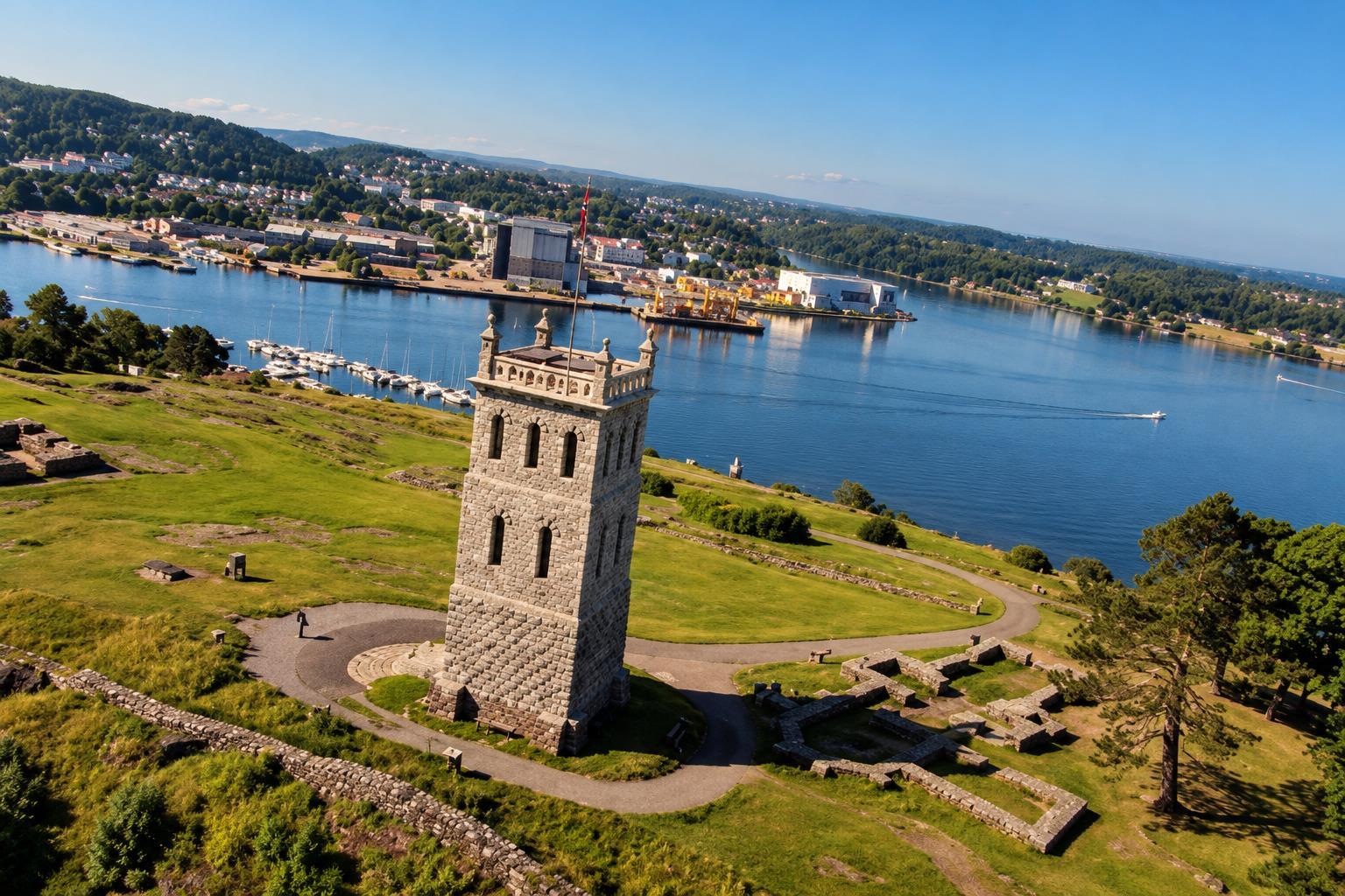 Aerial view of Castle Rock Tower and the medieval ruins on Slottsfjellet, overlooking Tønsberg and the fjord.