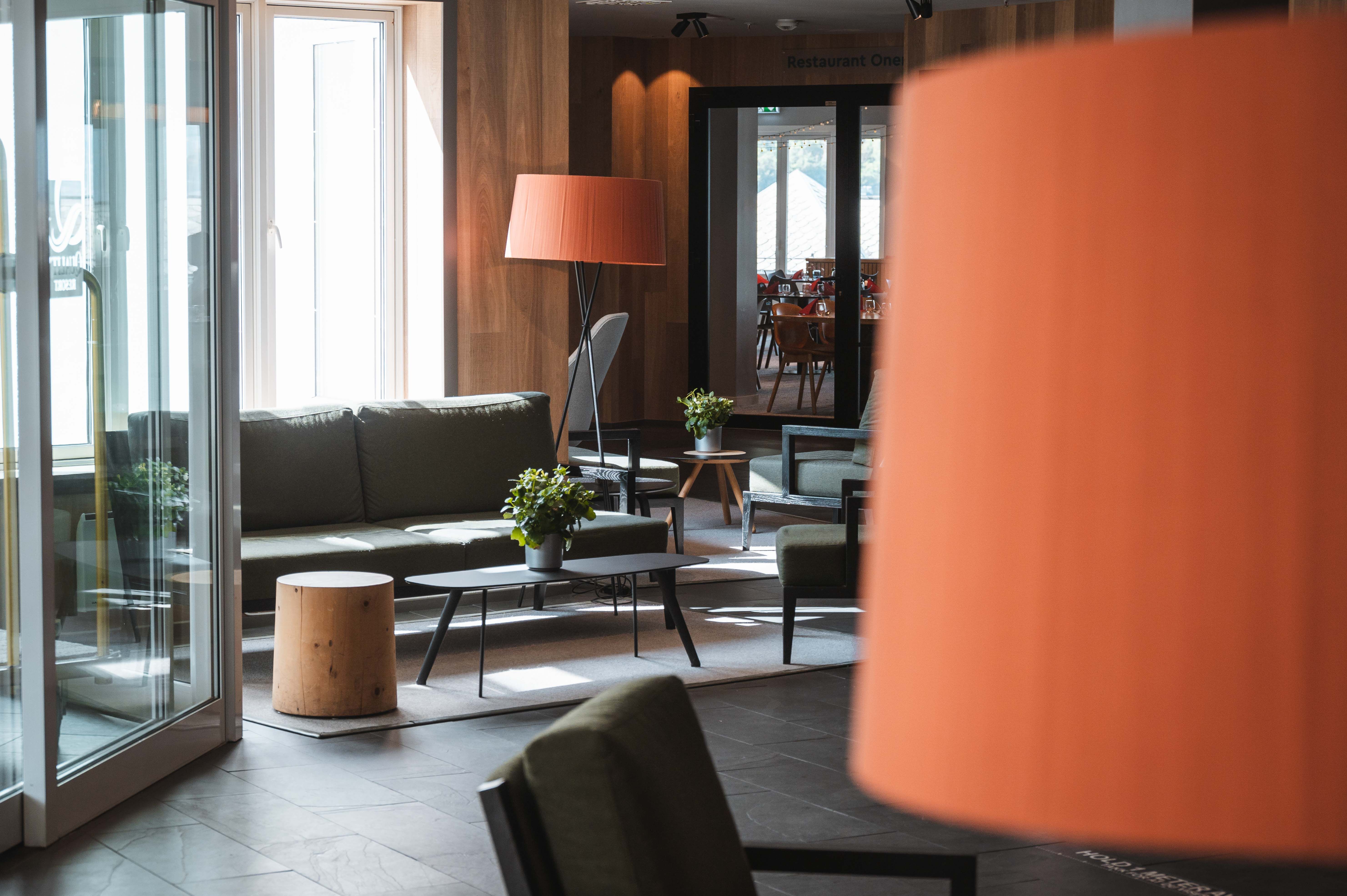A lounge area next to the hotel entrance.