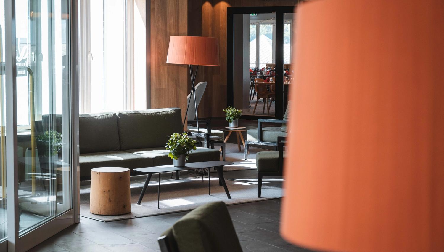 A lounge area next to the hotel entrance.