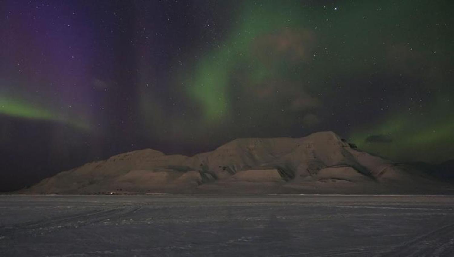 Snow covered mountains with purple and green northern lights in the sky above.