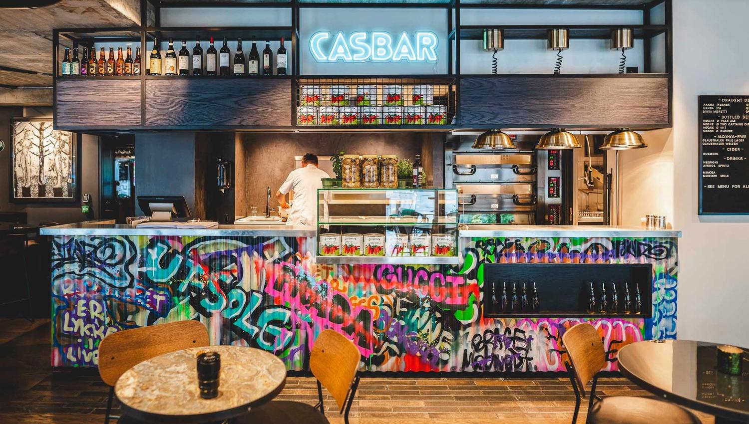 Bar area at Casbar. Decorated with grafiti