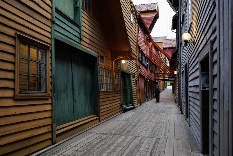 Exploring the narrow alleyways at Bryggen in Bergen