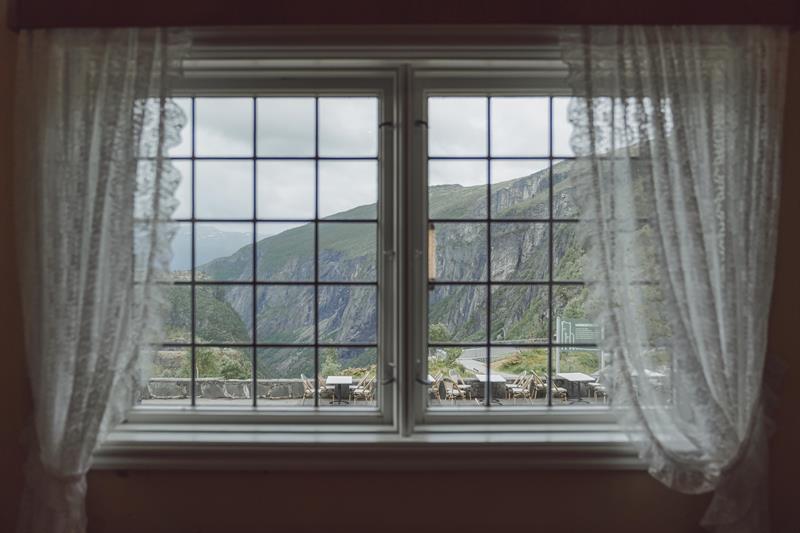 View through a hotel window towards the Måbødalen valley.
