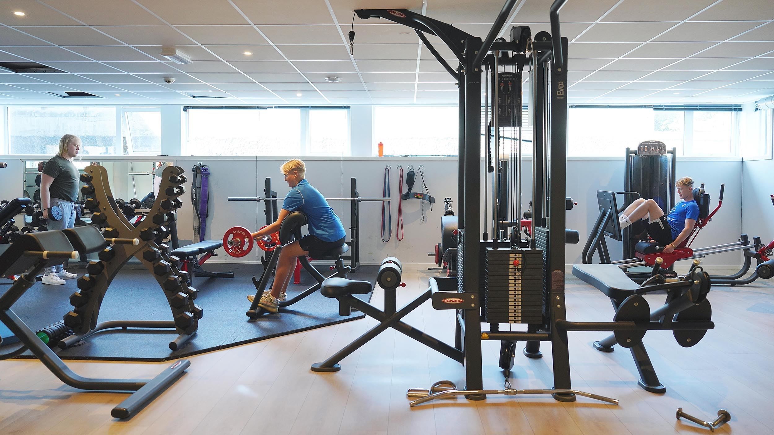 Lyst treningsrom med apparat, på Bremanger Fjordhotell manualstativ og benkar, der fleire personar trenar ved ulike styrkemaskiner..