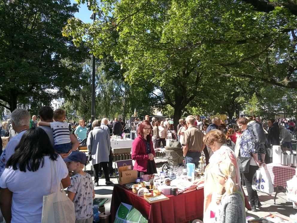 A lively flea market in a green park, with tables full of second-hand items and many visitors browsing the selection.