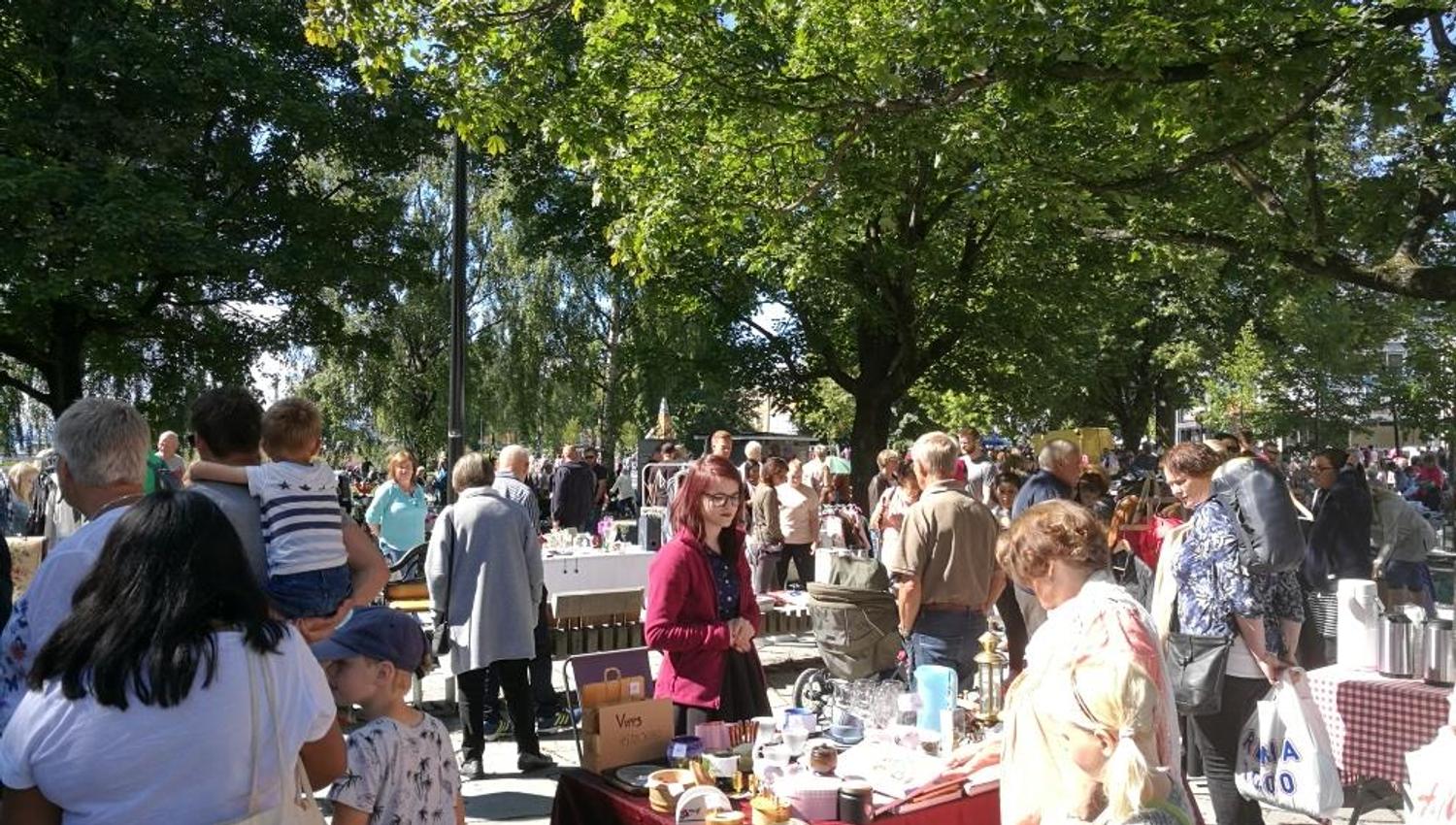 A lively flea market in a green park, with tables full of second-hand items and many visitors browsing the selection.