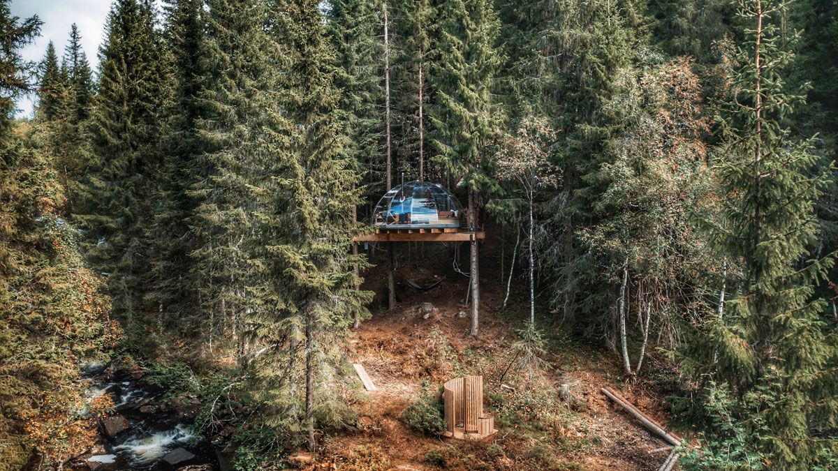 Tree-top igloo by the Lårdalselva River in Dalen
