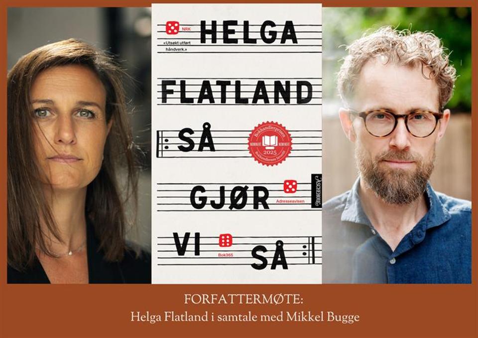 Poster advertising a book discussion with Helga Flatland and Mikkel Bugge at Eigersund Folkebibliotek