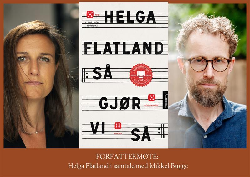 Poster advertising a book discussion with Helga Flatland and Mikkel Bugge at Eigersund Folkebibliotek
