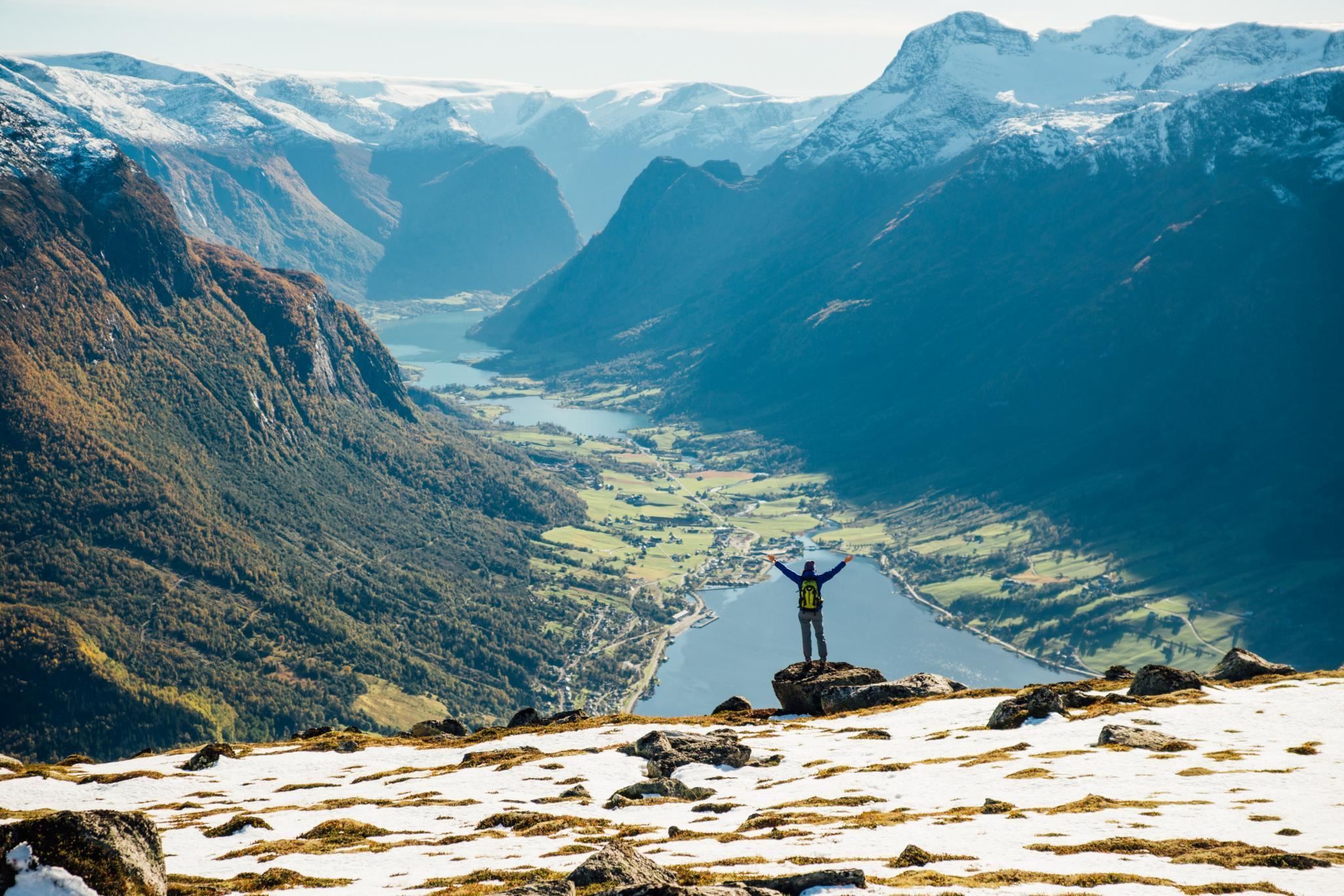 Mountain landscape above Loen with views down towards the valley and surrounding peaks.