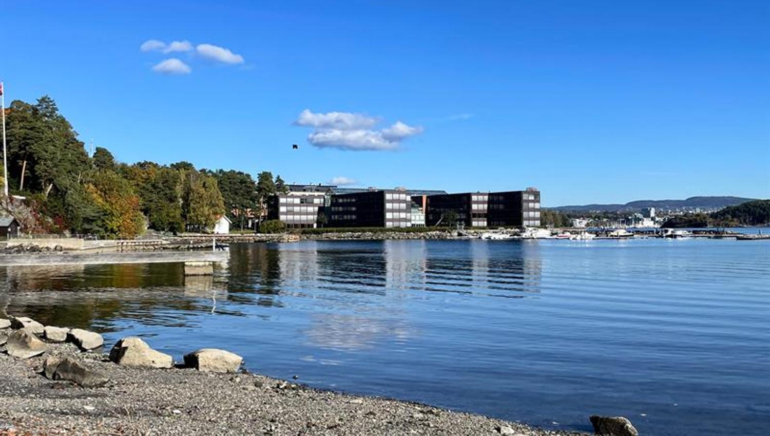 Beach, water and the buildings at Lysaker port