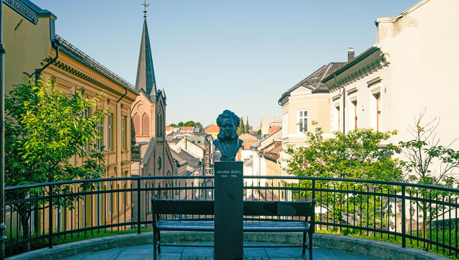 The Ibsen bust at Ibsen staircase in Skien