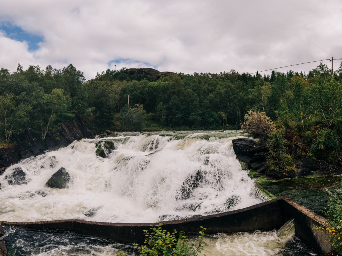 Bred foss med skummende vann over mørke steiner, omgitt av tett skog og overskyet himmel..