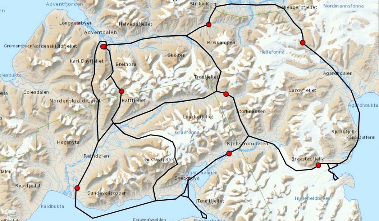 Et kart over Nordenskiöld Land på Spitsbergen med en påtegnet rute
