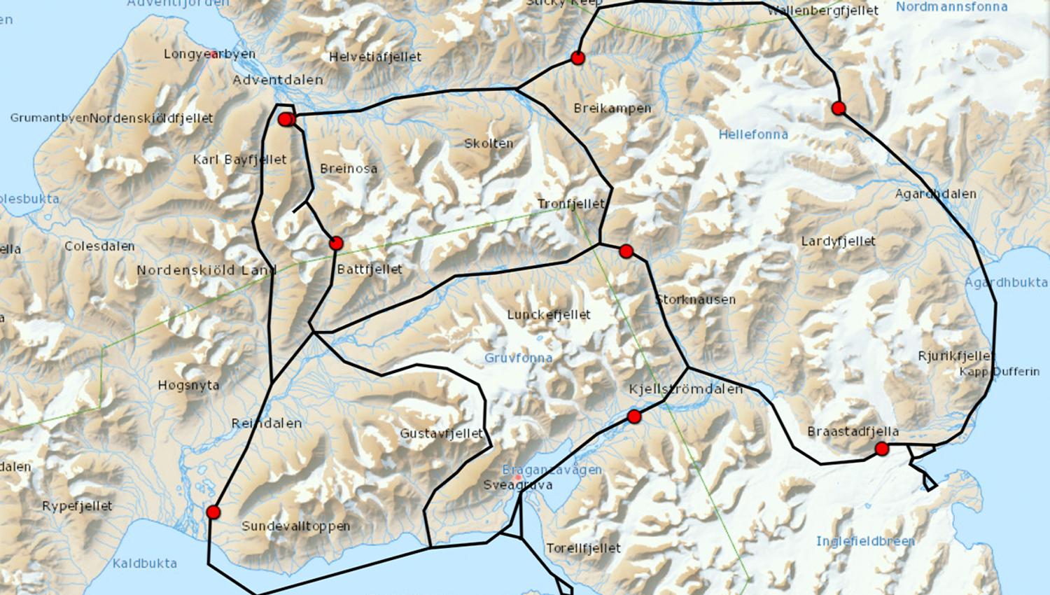Et kart over Nordenskiöld Land på Spitsbergen med en påtegnet rute