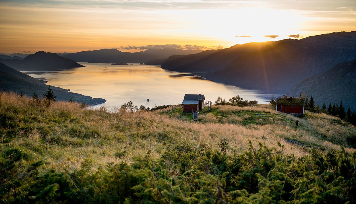Panoramic sunset photo from mount Oksen in Hardanger.