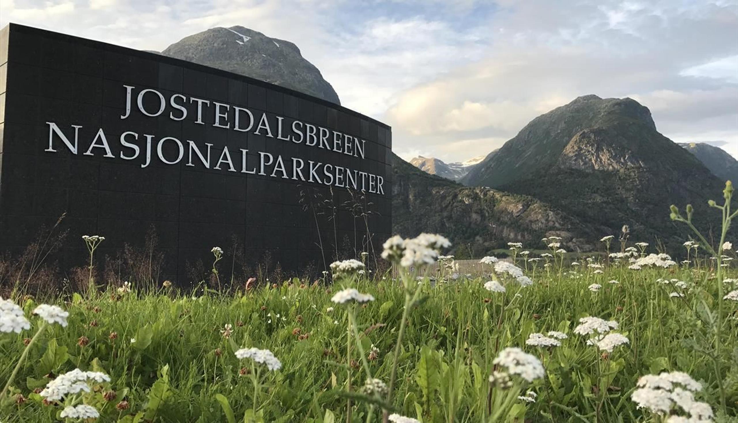 Dark building facade with large text, wildflowers in the foreground, and steep mountains under a cloudy sky..