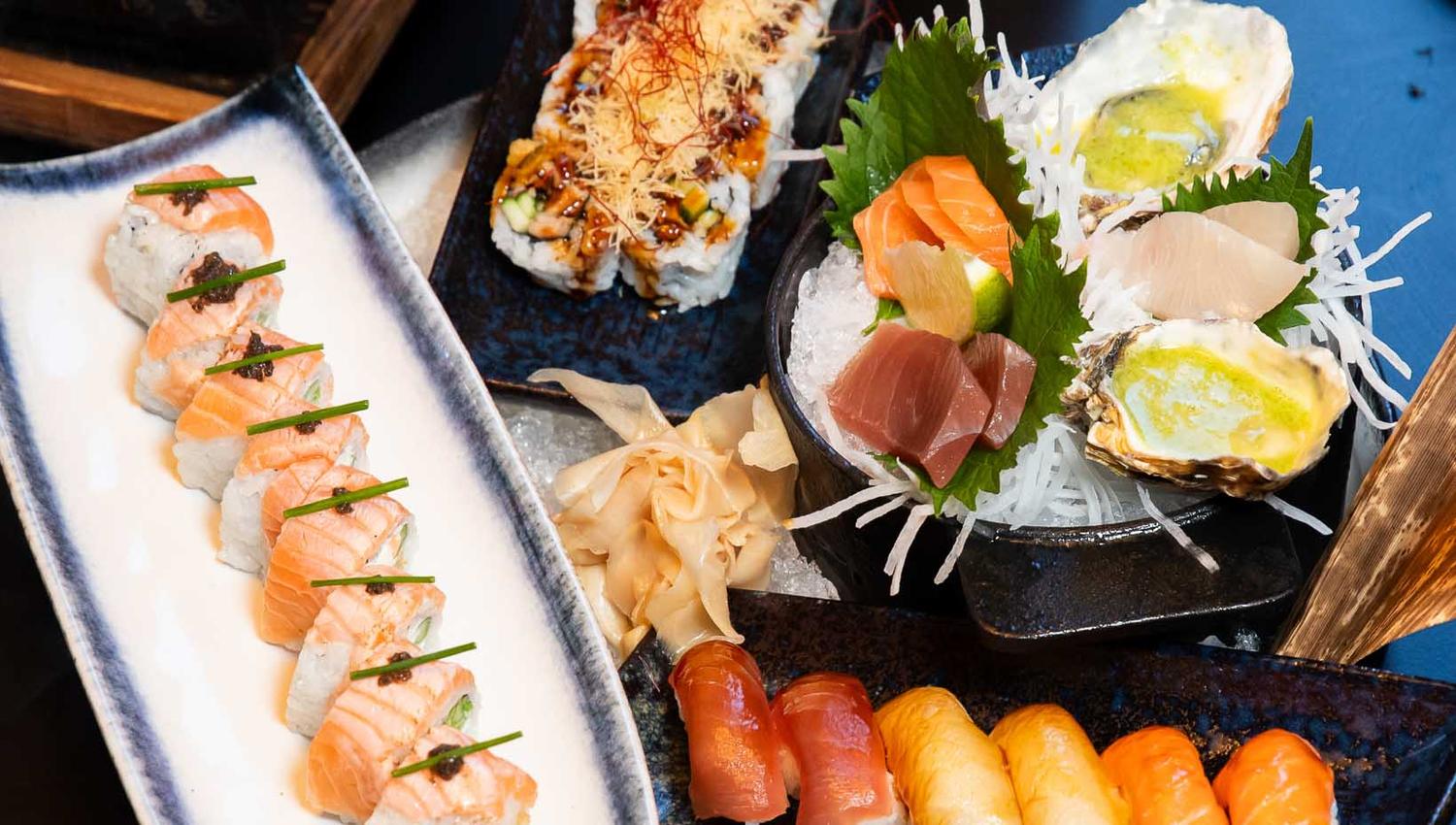 Plates with sushi
