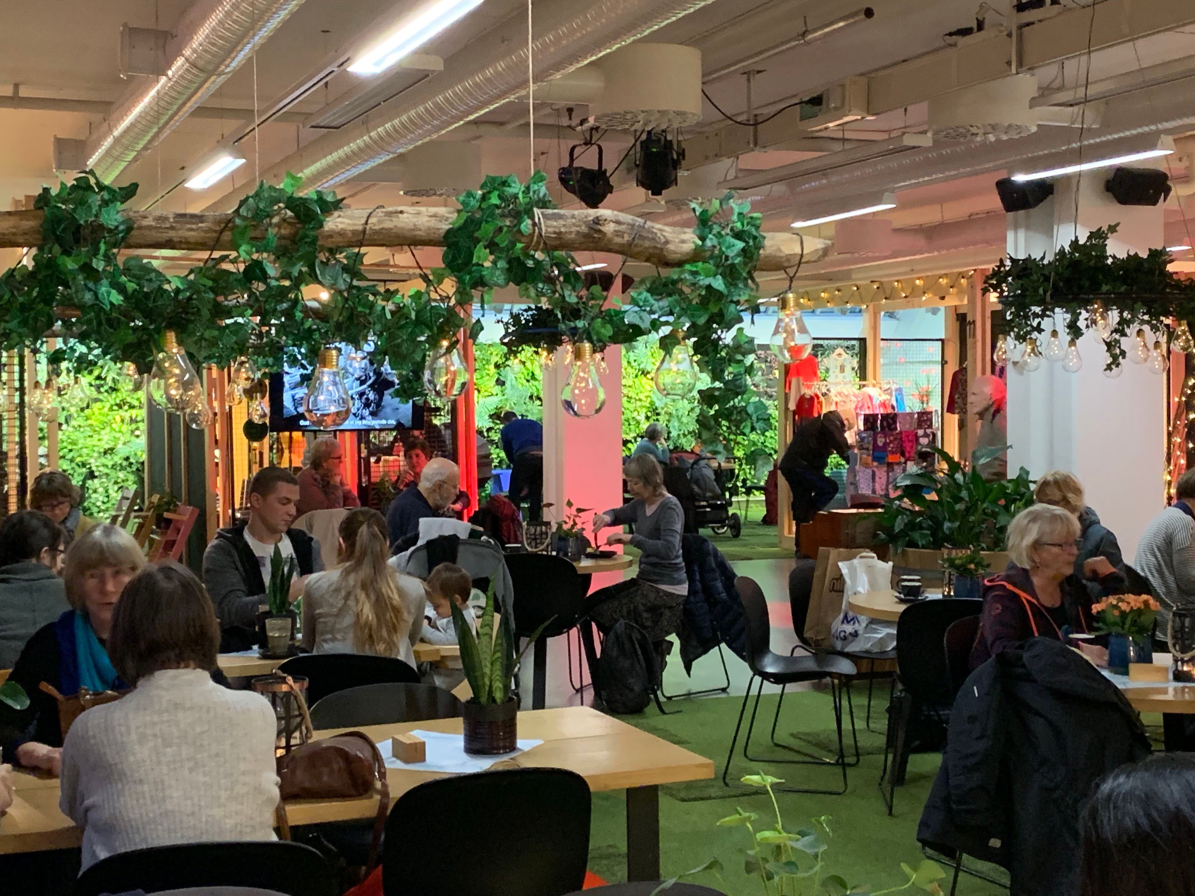 Folk i samtale og måltid på en koselig kafé med planter og dekorasjoner