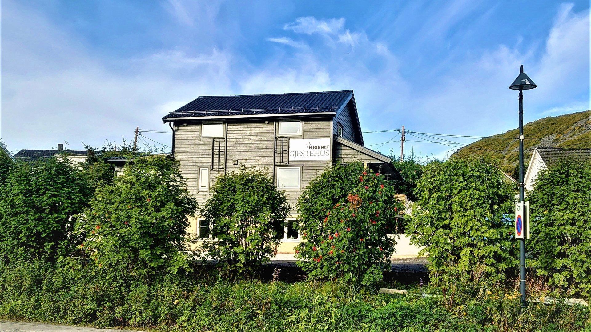 The guest house behind some green trees
