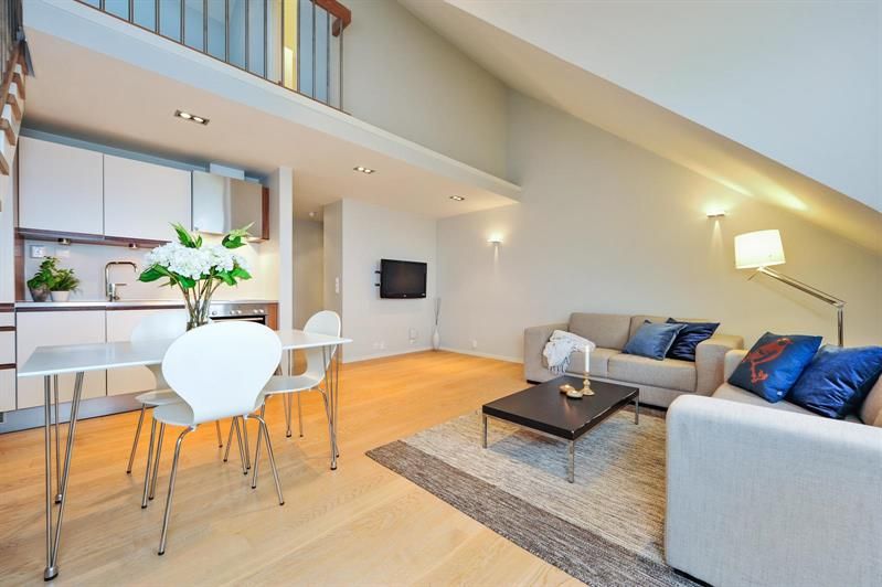 Open plan kitchen, living and dining room solution with mezzanine