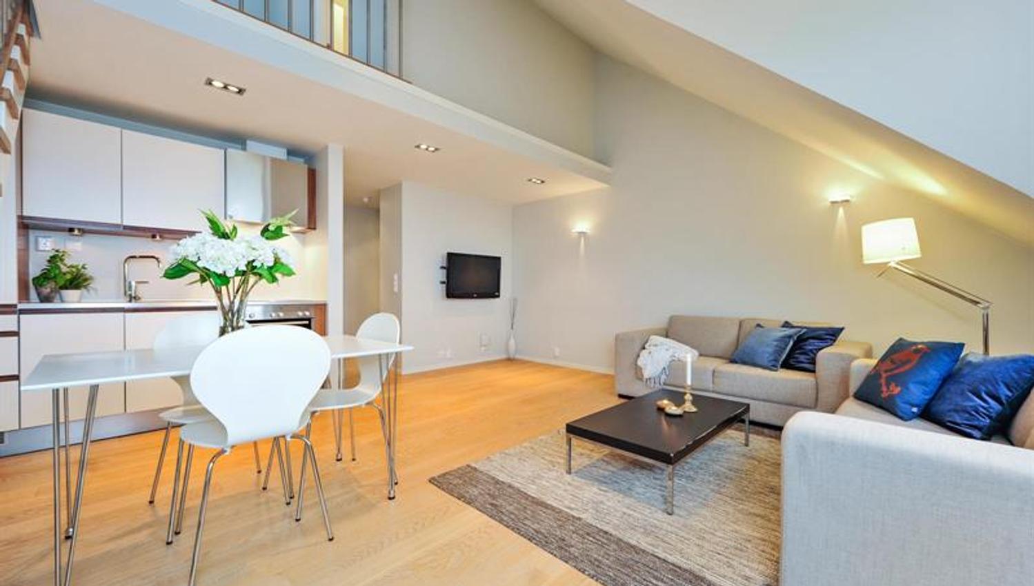 Open plan kitchen, living and dining room solution with mezzanine