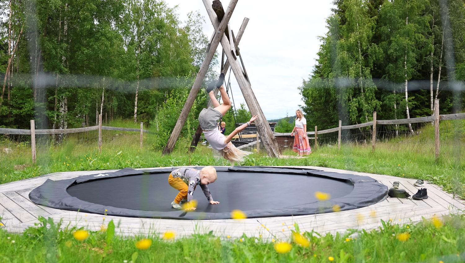 Barn som går over en trebro omgitt av grønne trær i naturparken