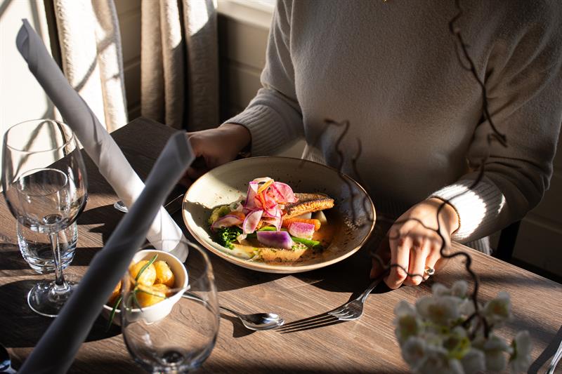 Lady at the table. Meat dish on plate. Sun through the window.