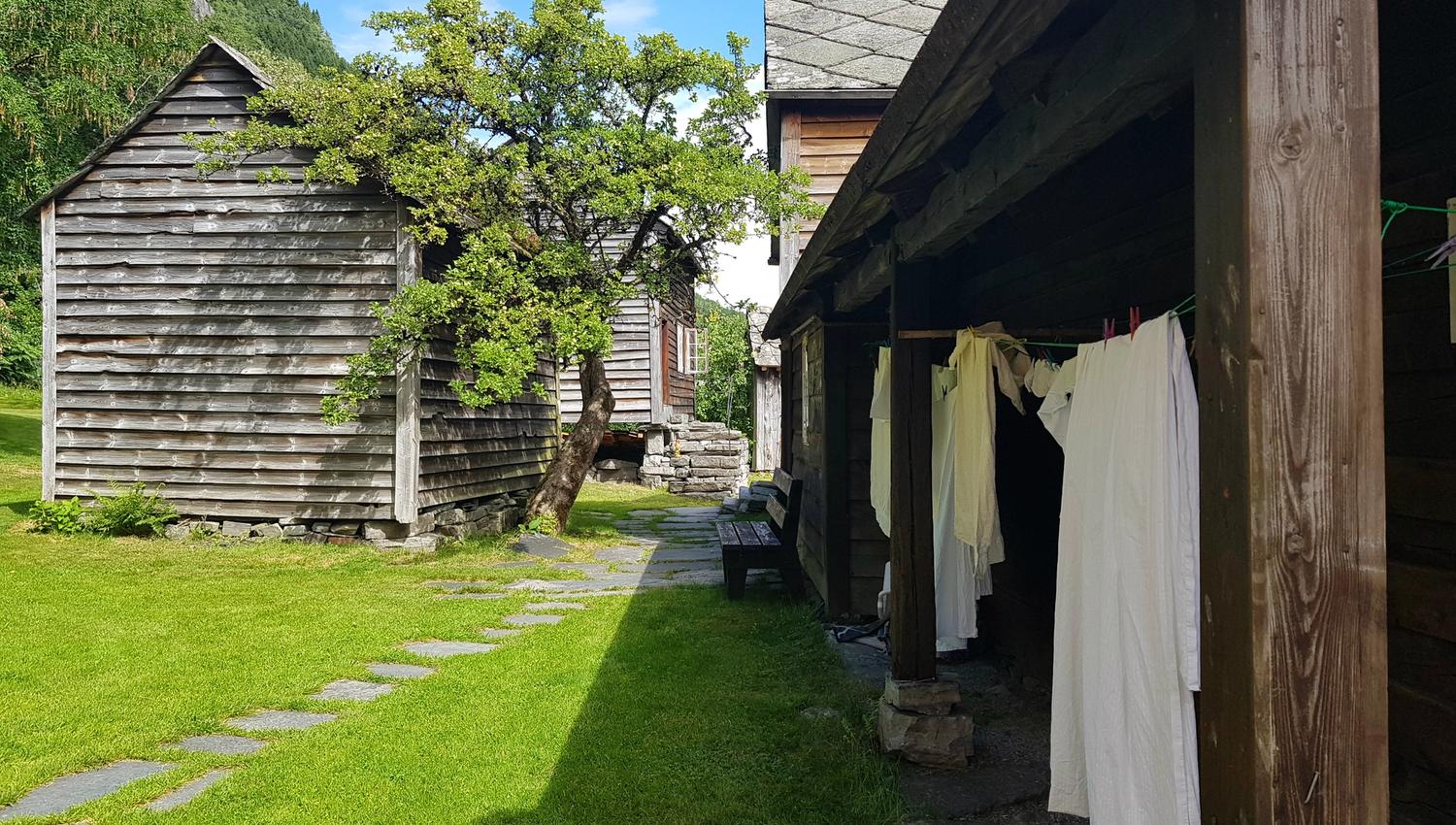 clothes are drying outside by the old houses