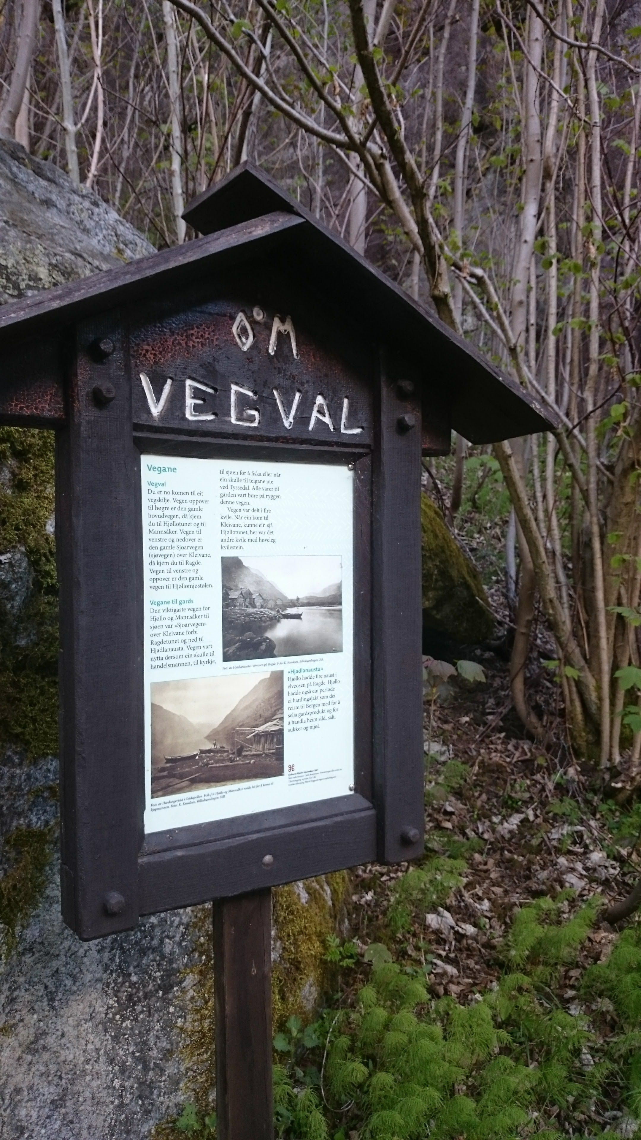 Information board “Vegval” along the Hjøllo–Mannsåker cultural trail, showing photos and stories about old travel routes.